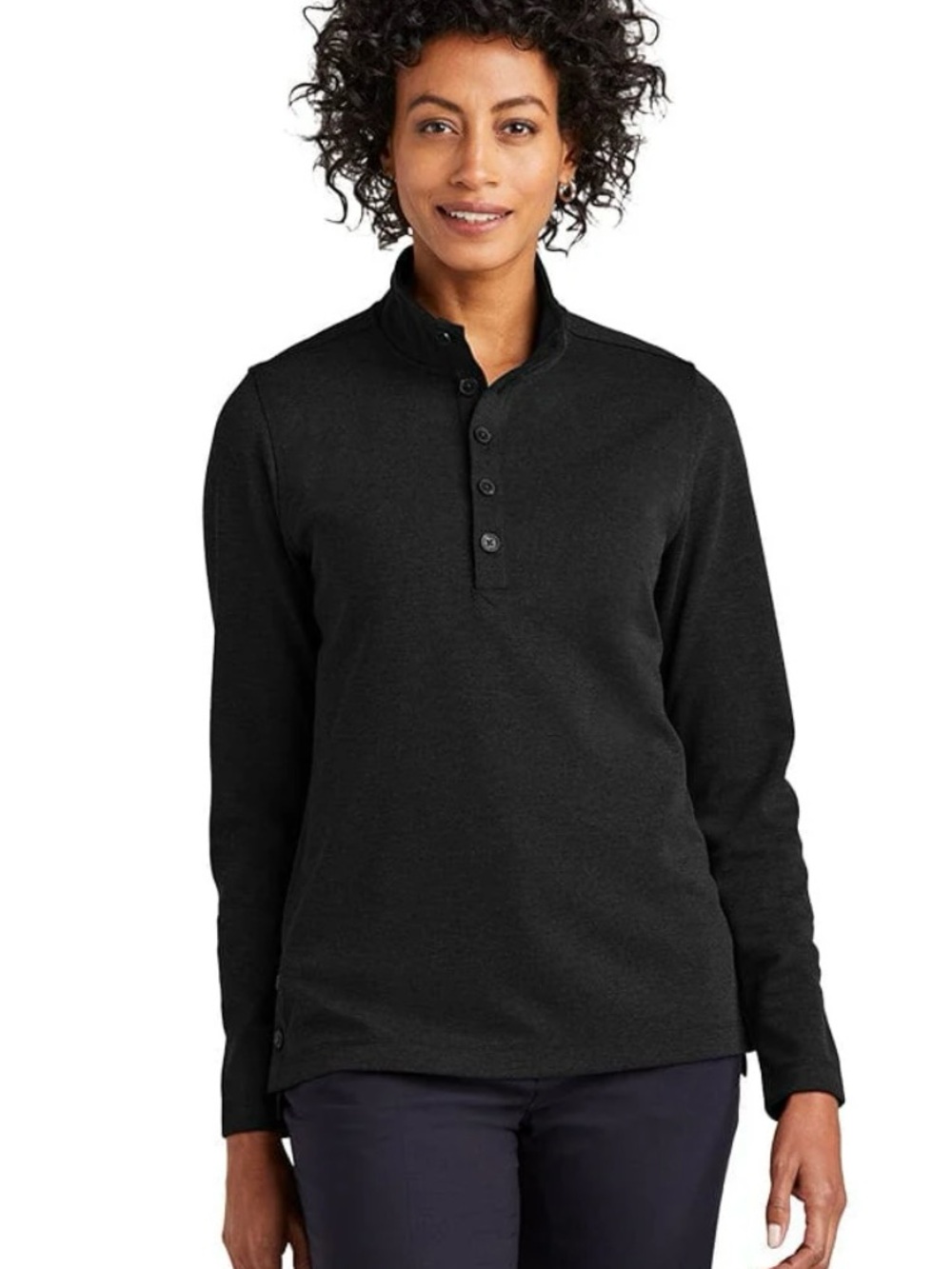 Brooks Brothers Black Button-Front Mock Neck Long-Sleeve Top